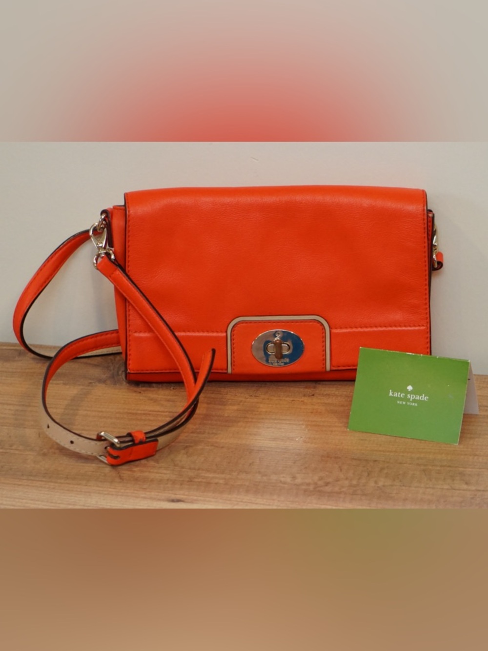 Kate Spade Orange Leather Turnlock Flap Crossbody Cream Trim silver Hardware - Picture 14 of 14